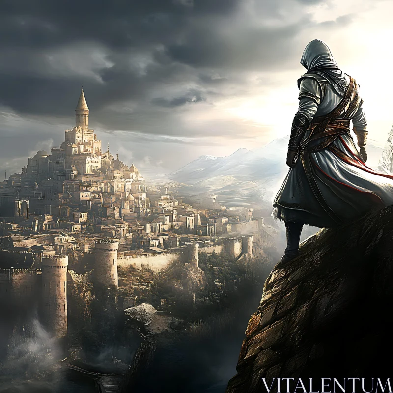 Hooded Figure Overlooking Ancient City AI Image