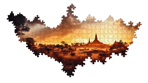 Golden Hour Puzzle Art: Temple Silhouette