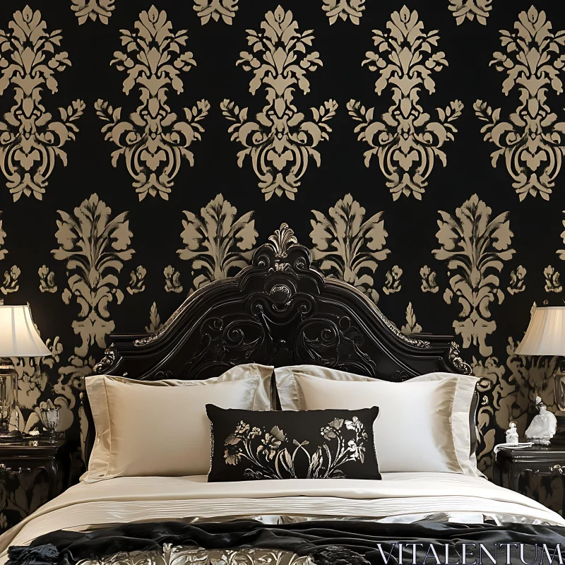 Opulent Bedroom Decor with Elegant Carvings and Classic Wallpaper AI Image