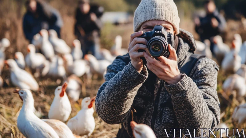 Photographer and Geese in Natural Habitat AI Image