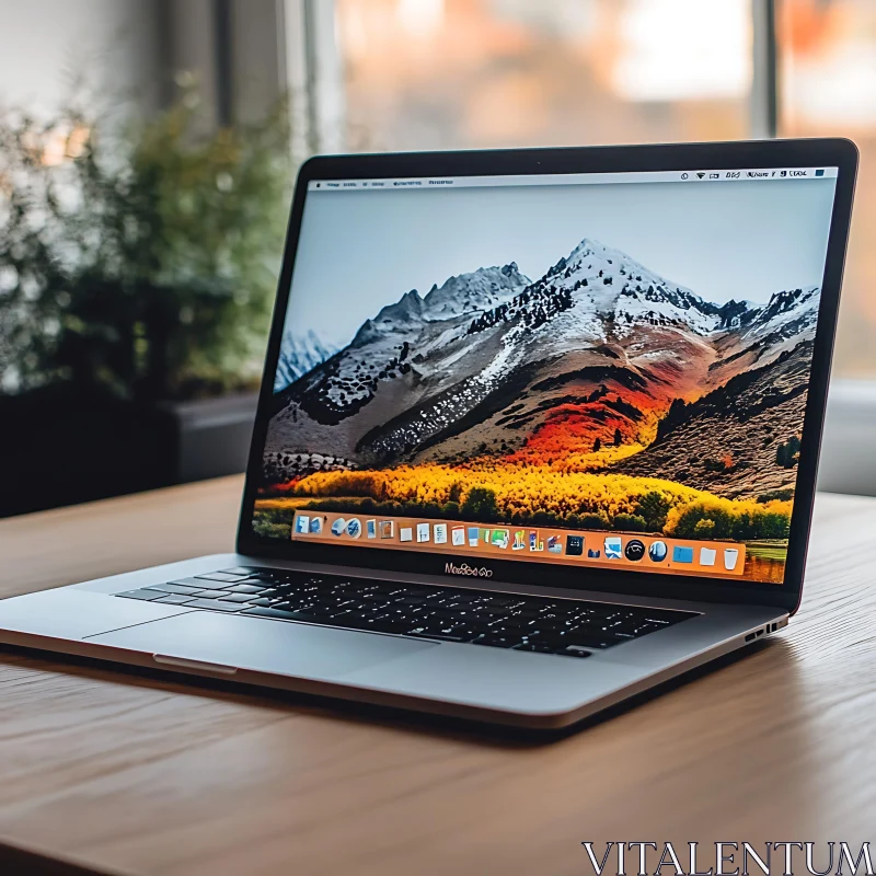 Serene Desktop Setup with Laptop Displaying Mountains AI Image