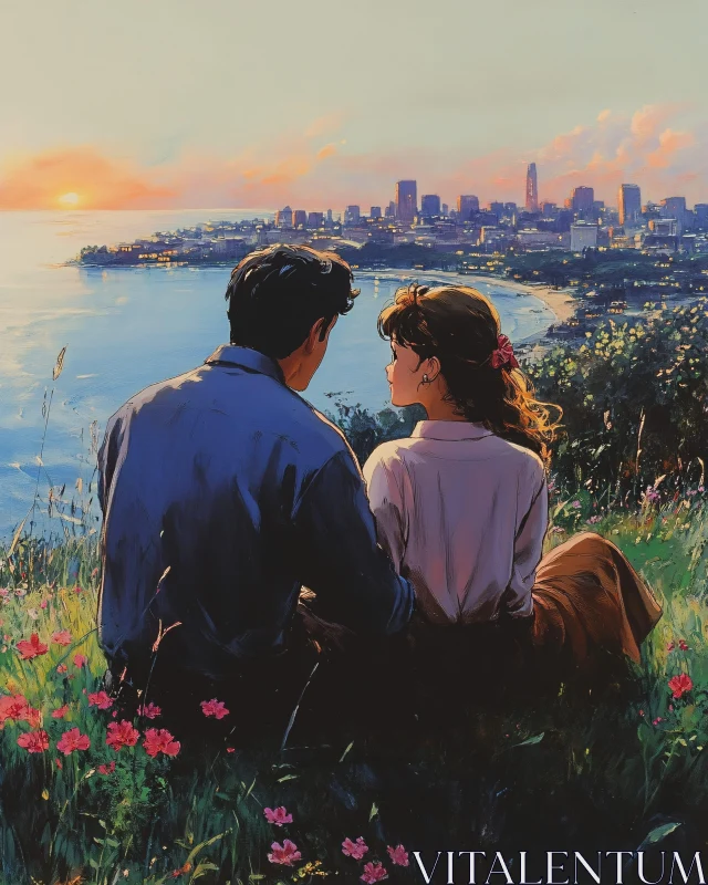 AI ART Couple Watching Sunset Over City