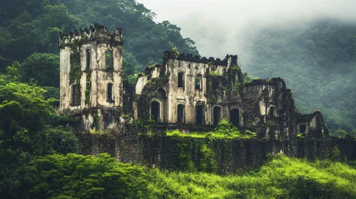 Overgrown Castle Ruins in Verdant Landscape