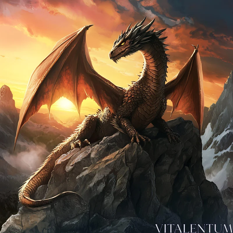 Dragon on Mountain at Sunset AI Image