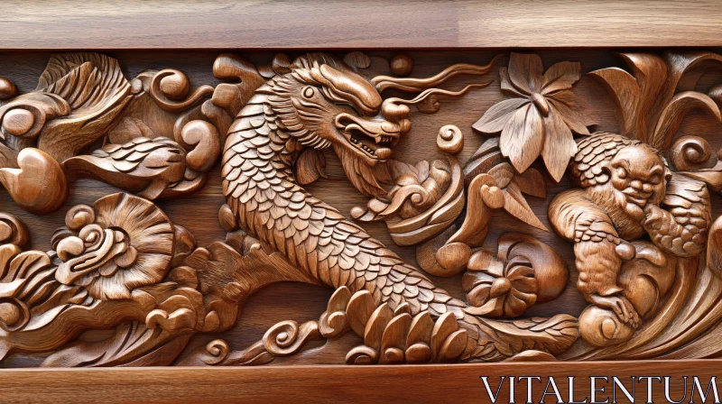 AI ART Detailed Wood Carving with Dragon Motif