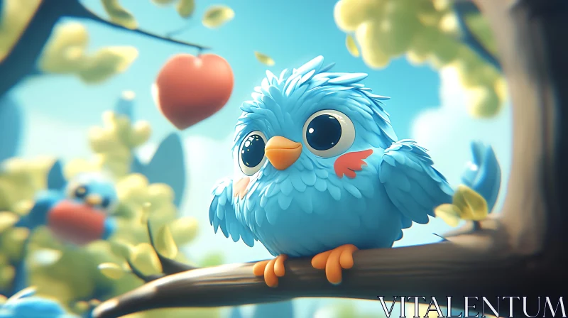 Whimsical Blue Bird on a Branch AI Image