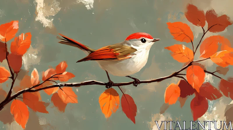 AI ART Autumn Perch with Red-capped Bird