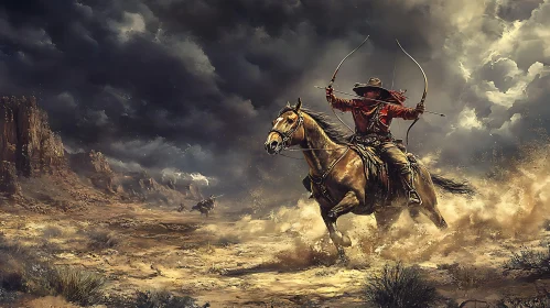 Western Archer Riding Through Storm