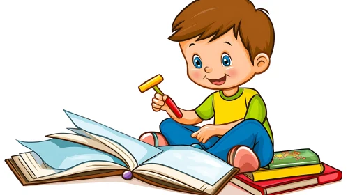 Young Boy's Reading Time Cartoon