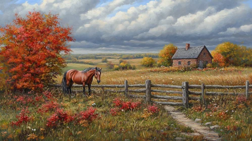 Peaceful Autumn Scenes with Horse and Cottage