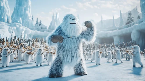 Charming Yeti Conducting Penguin Musicians