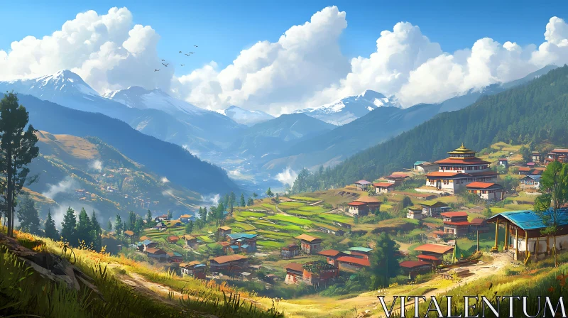 AI ART Tranquil Mountain Village View