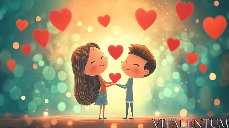 Sweet Cartoon Romance with Hearts AI Image