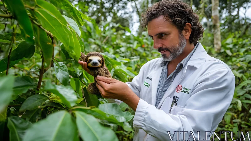 Researcher with Sloth in Dense Forest AI Image