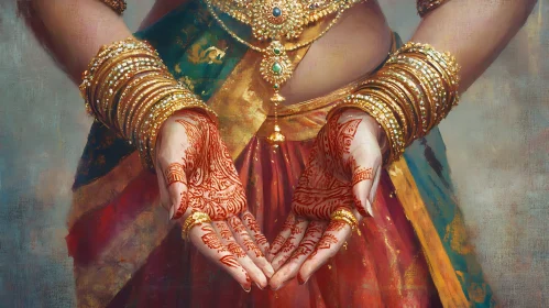 Woman Hands with Henna and Gold