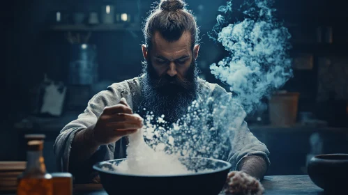 Bearded Man Cooking with Smoke