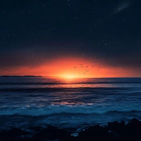 Ocean Sunset with Birds Silhouettes