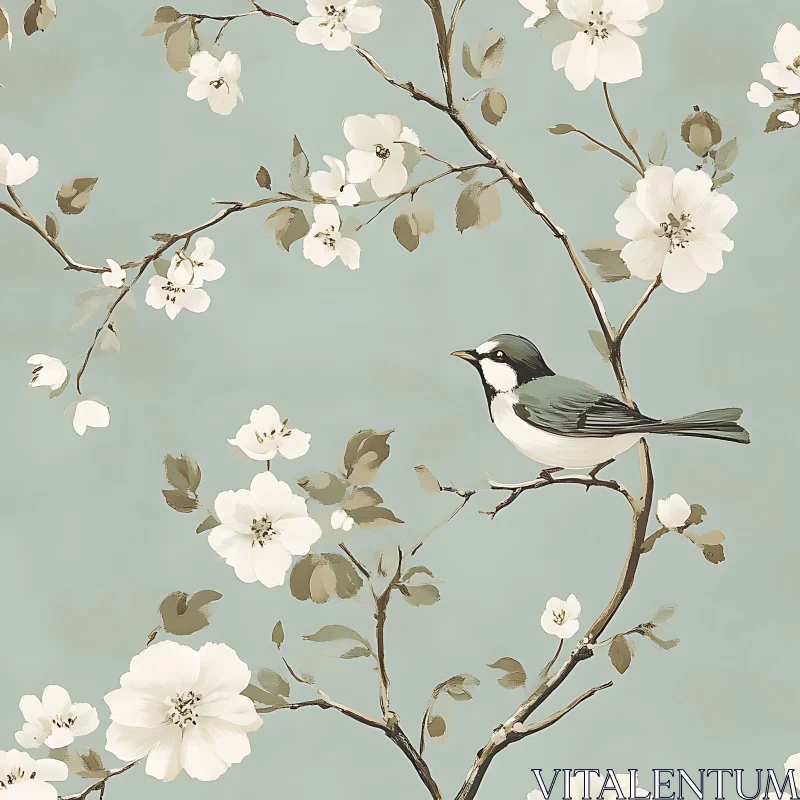 Bird on a Branch with White Flowers AI Image