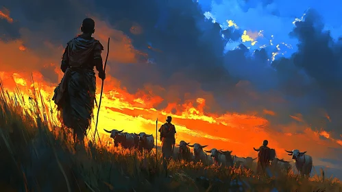 Pastoral Sunset with Shepherds and Cattle