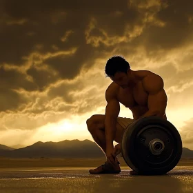 Man Lifting Weights in Golden Light