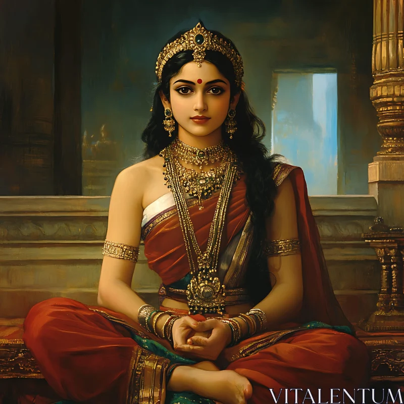 Portrait of a Woman in Sari and Jewelry AI Image