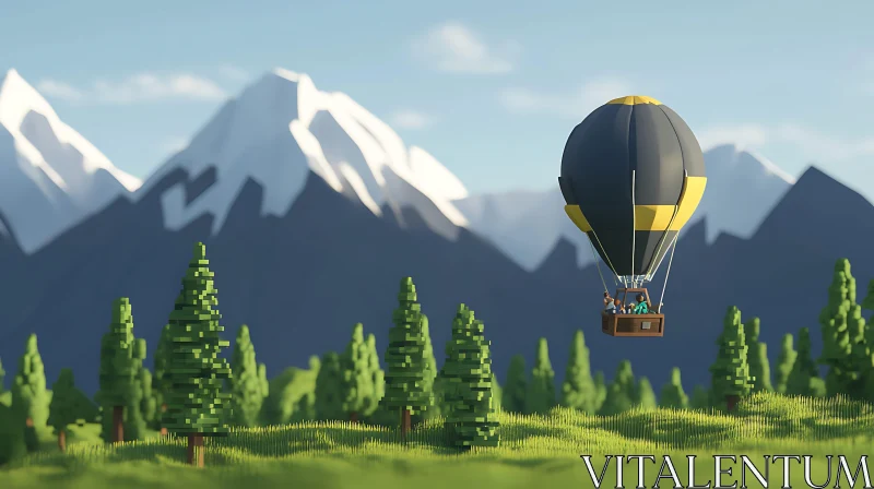 Voxel Art: Balloon Flight Over Green Valley AI Image