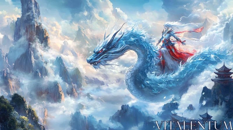 AI ART Soaring Dragon and Warrior in Cloudy Skies