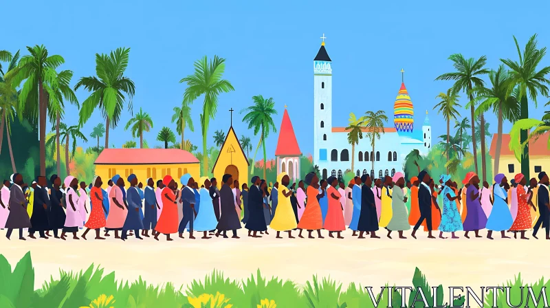 AI ART Community Procession Near Tropical Buildings