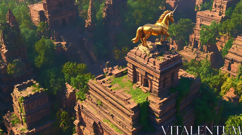 AI ART Jungle Temple with Golden Unicorn Sculpture