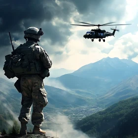 Military Scene with Helicopter and Warrior