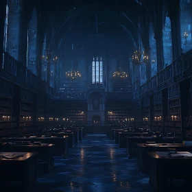 Grand Library Interior with Blue Light