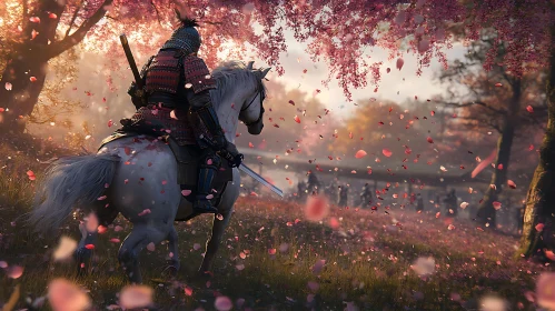 Warrior and Horse in Sakura Garden