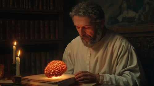 Man Contemplates Glowing Brain by Candlelight