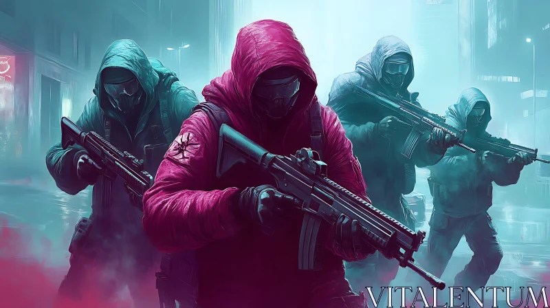 Urban Guardians: Armed Figures in Hoods AI Image