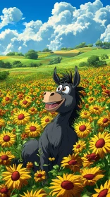 Animated Donkey in Sunny Flower Field