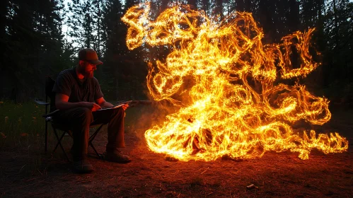 Campfire Illuminating Night Forest with Intricate Flame Patterns
