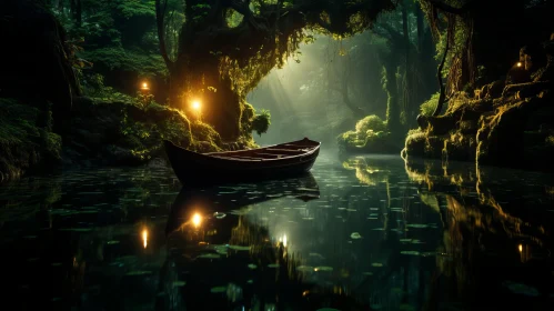 Captivating and Mysterious Forest Art: Illuminated Boat in Exotic Fantasy Landscape