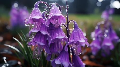 Captivating Purple Flowers with Water Droplets - A Traditional British Landscape