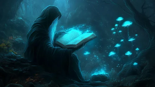 Mystical Glowing Book in Dark Forest