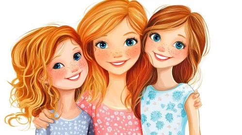 Illustration of Three Smiling Red-Haired Girls