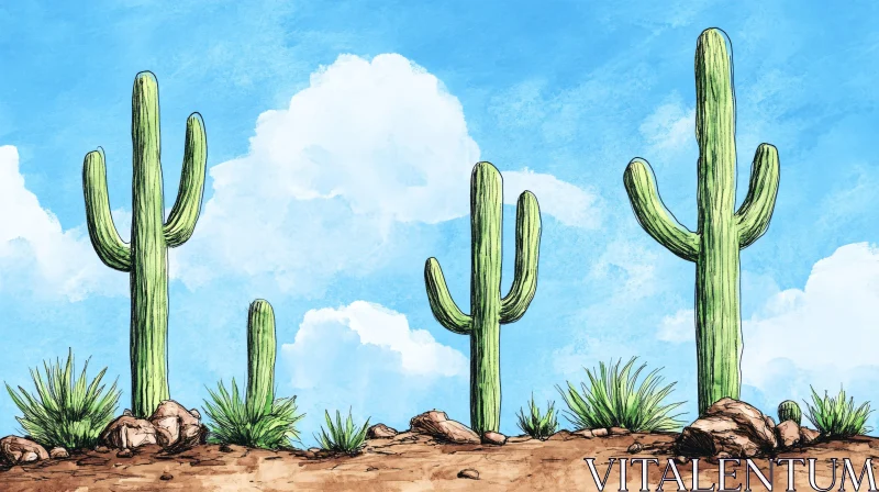 AI ART Desert Landscape with Tall Cacti