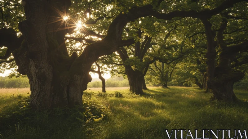 Enchanting Oak Grove in the Early Morning | Radiant Nature Photography AI Image