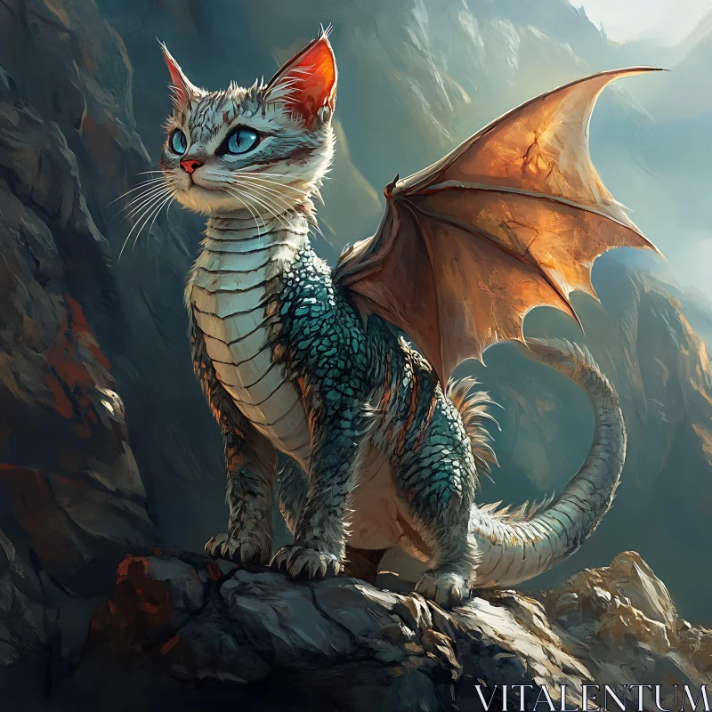 AI ART Whimsical Dragon-Cat Perched on Rocks