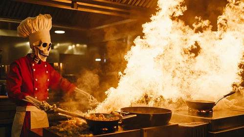 Humorous Skeleton Chef in Action in a Modern Kitchen