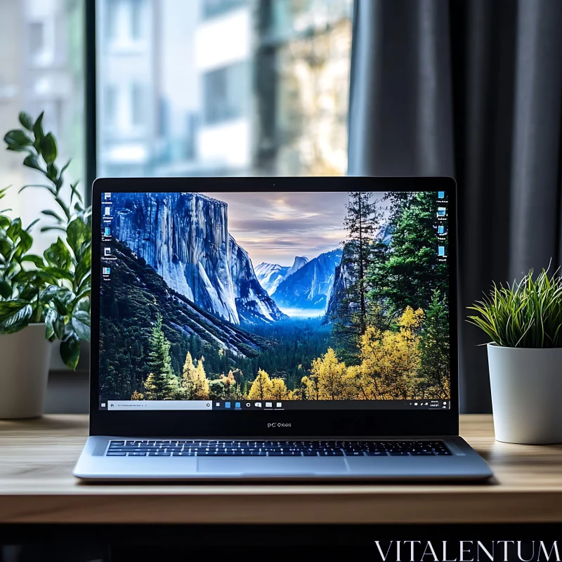 AI ART Sleek Laptop on Desk with Scenic Nature Display