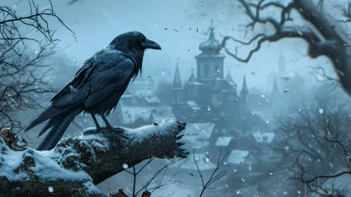 Mysterious Digital Painting of a Raven in a Snowy Forest