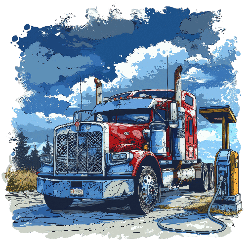 Red Semi Truck at a Gas Station - Industrial Serenity