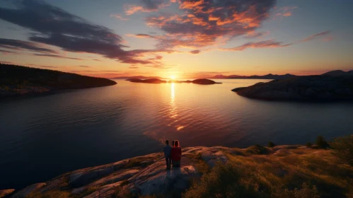 Romantic Sunset: Couple on Cliff Overlooking Norwegian Coast
