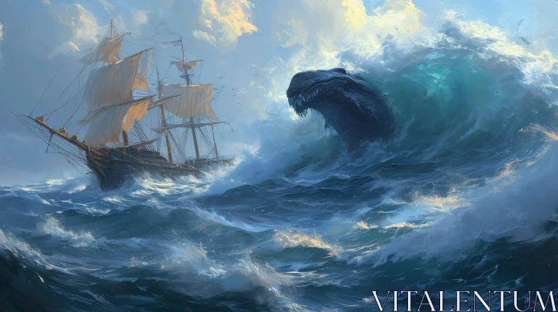 Sea Monster Attacking Ship - Dark and Dramatic Digital Painting AI Image