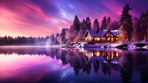Snowy Lake Reflection at Sunset - Dreamlike Cabincore Scene